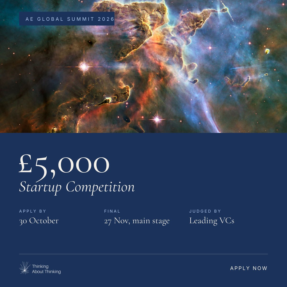 £5,000 Startup Competition. Apply by 30 October. Final 27 November, main stage. Judged by leading VCs.